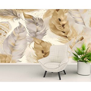 Beyaz Altın Tüy Desenli Duvar Kağıdı - Dkm895075