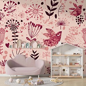 Kuş Ve Çiçek Desenli Çocuk Odası Duvar Kağıdı Baskı - Dkm365057