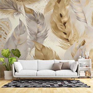 Beyaz Altın Tüy Desenli Duvar Kağıdı - Dkm895084 800x280 cm