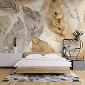 Beyaz Altın Tüy Desenli Duvar Kağıdı - Dkm895004 200x200 cm