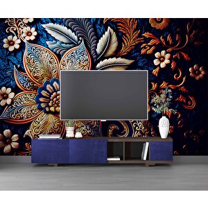 3 Boyutlu Lacivert Zeminli Altın Çiçek Desenli Duvar Kağıdı - Dkm782073 350x280 cm