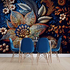 3 Boyutlu Lacivert Zeminli Altın Çiçek Desenli Duvar Kağıdı - Dkm782073