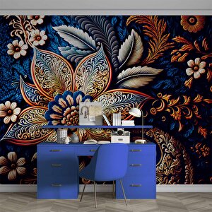 3 Boyutlu Lacivert Zeminli Altın Çiçek Desenli Duvar Kağıdı - Dkm782054