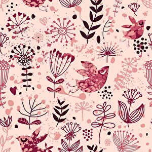 Kuş Ve Çiçek Desenli Çocuk Odası Duvar Kağıdı Baskı - Dkm365110