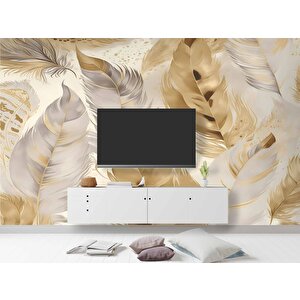 Beyaz Altın Tüy Desenli Duvar Kağıdı - Dkm895064 900x260 cm