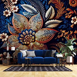 3 Boyutlu Lacivert Zeminli Altın Çiçek Desenli Duvar Kağıdı - Dkm782108 150x315 cm