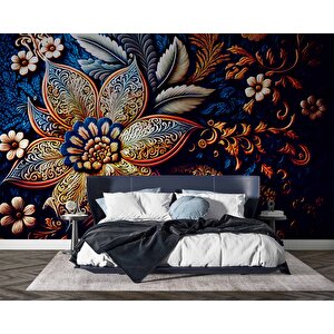 3 Boyutlu Lacivert Zeminli Altın Çiçek Desenli Duvar Kağıdı - Dkm782092 300x300 cm