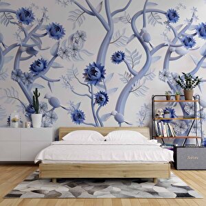 Mavi Çiçek Ve Dal Desenli Duvar Kağıdı - Dkm914124 600x315 cm