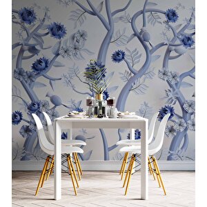 Mavi Çiçek Ve Dal Desenli Duvar Kağıdı - Dkm914020