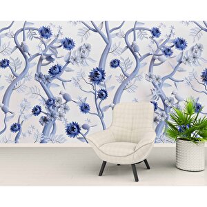 Mavi Çiçek Ve Dal Desenli Duvar Kağıdı - Dkm914127