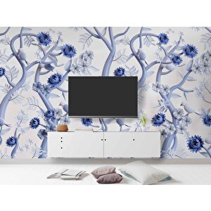Mavi Çiçek Ve Dal Desenli Duvar Kağıdı - Dkm914087 150x300 cm