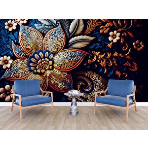 3 Boyutlu Lacivert Zeminli Altın Çiçek Desenli Duvar Kağıdı - Dkm782060