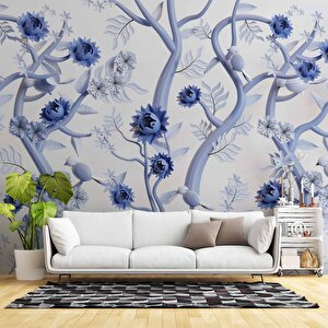 Mavi Çiçek Ve Dal Desenli Duvar Kağıdı - Dkm914096 400x300 cm
