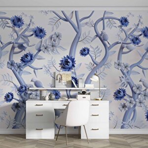 Mavi Çiçek Ve Dal Desenli Duvar Kağıdı - Dkm914096