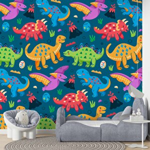Renkli Dinozor Desenli Çocuk Oyun Odası Duvar Kağıdı Baskı - Dkm191088 200x300 cm