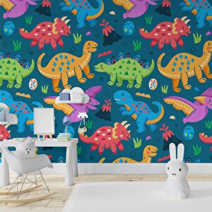 Renkli Dinozor Desenli Çocuk Oyun Odası Duvar Kağıdı Baskı - Dkm191088 200x300 cm