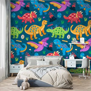 Renkli Dinozor Desenli Çocuk Oyun Odası Duvar Kağıdı Baskı - Dkm191088