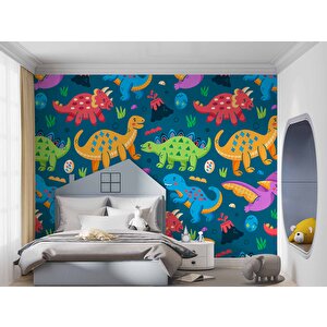 Renkli Dinozor Desenli Çocuk Oyun Odası Duvar Kağıdı Baskı - Dkm191055 425x260 cm
