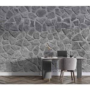 3 Boyutlu Desenli Gri Taş Duvar Temalı Duvar Kağıdı - Dkm628024
