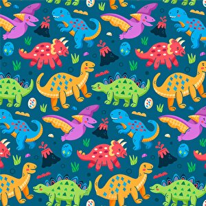 Renkli Dinozor Desenli Çocuk Oyun Odası Duvar Kağıdı Baskı - Dkm191125