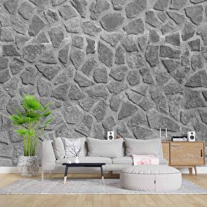 3 Boyutlu Desenli Gri Taş Duvar Temalı Duvar Kağıdı - Dkm628035 450x240 cm