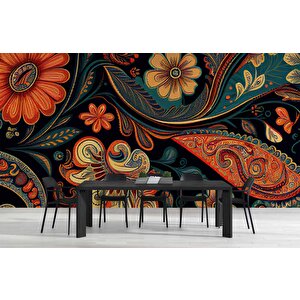 Kırmızı Yeşil Çiçek Çizimi Desenli Duvar Kağıdı - Dkm864023