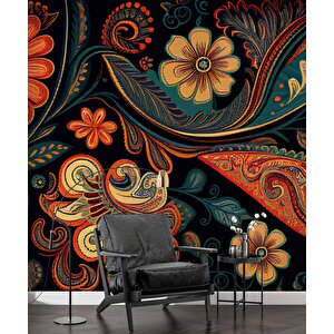 Kırmızı Yeşil Çiçek Çizimi Desenli Duvar Kağıdı - Dkm864042