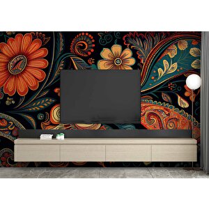 Kırmızı Yeşil Çiçek Çizimi Desenli Duvar Kağıdı - Dkm864075 400x280 cm