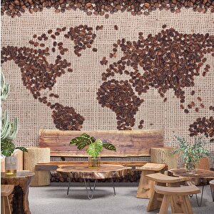 Kahve Çekirdeği Dünya Haritası Duvar Kağıdı Baskı - Dkm255011 375x200 cm