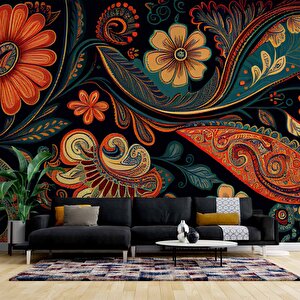 Kırmızı Yeşil Çiçek Çizimi Desenli Duvar Kağıdı - Dkm864074 375x280 cm