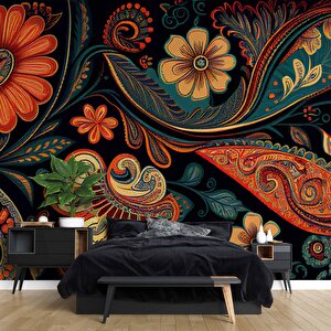 Kırmızı Yeşil Çiçek Çizimi Desenli Duvar Kağıdı - Dkm864004 200x200 cm