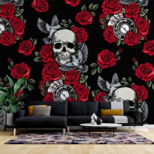 Kuru Kafa Ve Kırmızı Gül Temalı Duvar Kağıdı - Dkm463004 200x200 cm