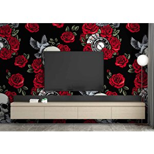 Kuru Kafa Ve Kırmızı Gül Temalı Duvar Kağıdı - Dkm463004 200x200 cm