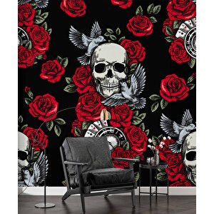 Kuru Kafa Ve Kırmızı Gül Temalı Duvar Kağıdı - Dkm463023