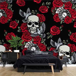 Kuru Kafa Ve Kırmızı Gül Temalı Duvar Kağıdı - Dkm463008 300x200 cm