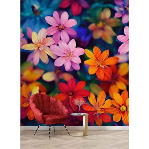 Renkli Çiçek Desenli Duvar Kağıdı Baskı - Dkm515082