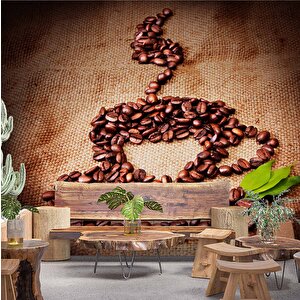 Kahve Çekirdekli Fincan Desenli Cafe Duvar Kağıdı Baskı - Dkm266058 500x260 cm