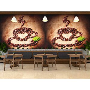 Kahve Çekirdekli Fincan Desenli Cafe Duvar Kağıdı Baskı - Dkm266058 500x260 cm