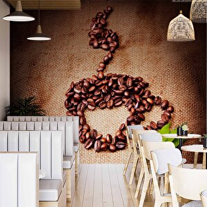 Kahve Çekirdekli Fincan Desenli Cafe Duvar Kağıdı Baskı - Dkm266013 425x200 cm