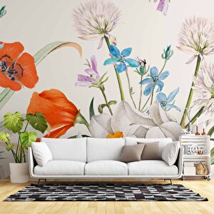 Turuncu, Beyaz, Mavi Çiçekli Duvar Kağıdı - Dkm506087 150x300 cm