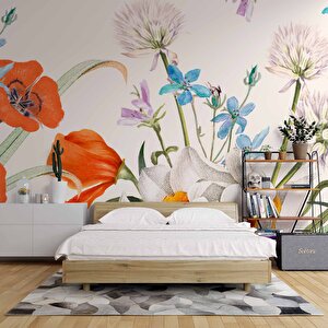 Turuncu, Beyaz, Mavi Çiçekli Duvar Kağıdı - Dkm506087 150x300 cm
