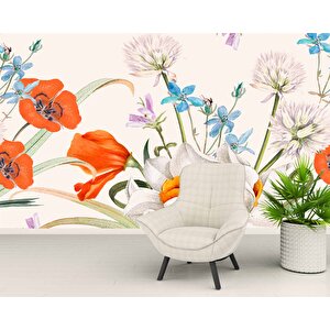Turuncu, Beyaz, Mavi Çiçekli Duvar Kağıdı - Dkm506087