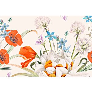 Turuncu, Beyaz, Mavi Çiçekli Duvar Kağıdı - Dkm506087