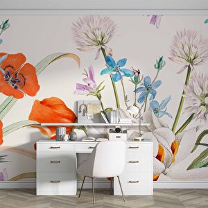 Turuncu, Beyaz, Mavi Çiçekli Duvar Kağıdı - Dkm506120