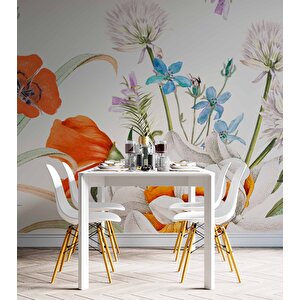 Turuncu, Beyaz, Mavi Çiçekli Duvar Kağıdı - Dkm506120