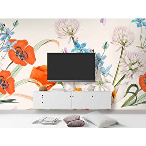 Turuncu, Beyaz, Mavi Çiçekli Duvar Kağıdı - Dkm506065 100x280 cm