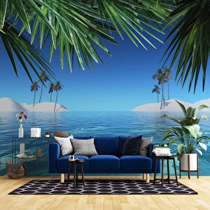 Deniz Ve Palmiye Yaprak Manzaralı Duvar Kağıdı - Dkm934032 375x240 cm