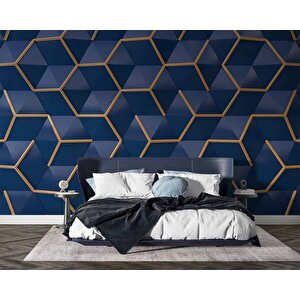 3 Boyutlu Lacivert Gold Temalı Duvar Kağıdı - Dkm629092 300x300 cm