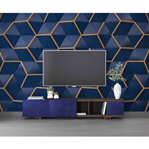 3 Boyutlu Lacivert Gold Temalı Duvar Kağıdı - Dkm629092 300x300 cm