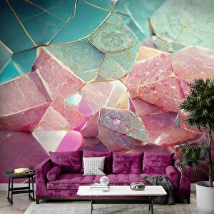 3 Boyutlu Mavi Pembe Kristal Temalı Duvar Kağıdı - Dkm603068 225x280 cm